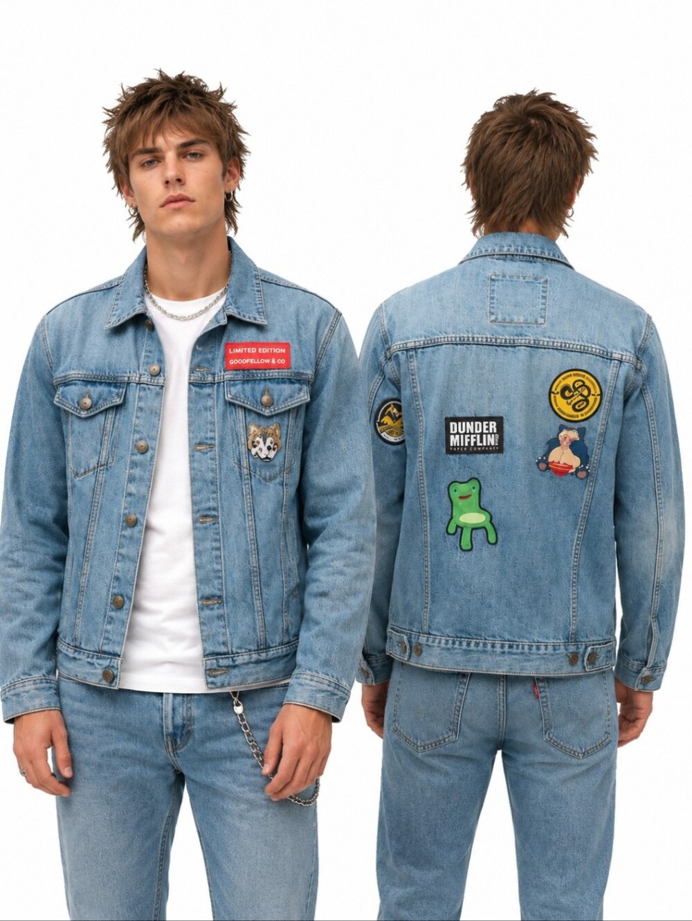 Y2K blue denim jean trucker jacket novelty patches Ninja Turtles The Office Sz M